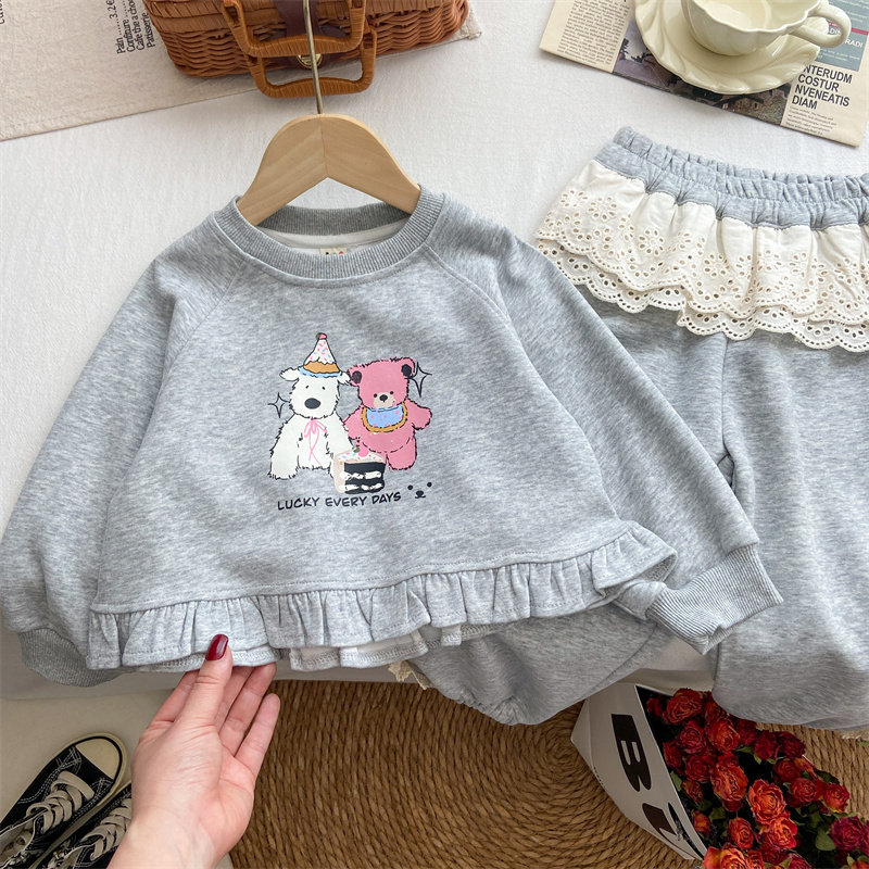 女童套装2026新款春装洋气时髦宝宝灰色卫衣花边卫裤韩版休闲服潮