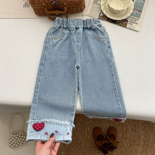 女童牛仔裤春季直筒裤洋气时髦精致刺绣爱心长裤时尚浅蓝色裤子潮