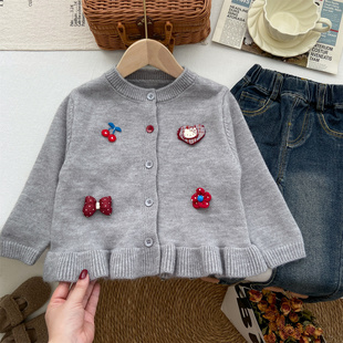 女童毛衣开衫2026新款女宝宝春季洋气小猫中长款木耳边上衣针织衫