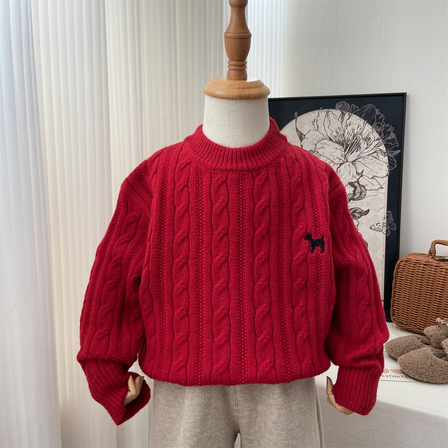 女童红色毛衣冬季2025新款洋气麻花针织衫新年衣服刺绣小狗打底衫