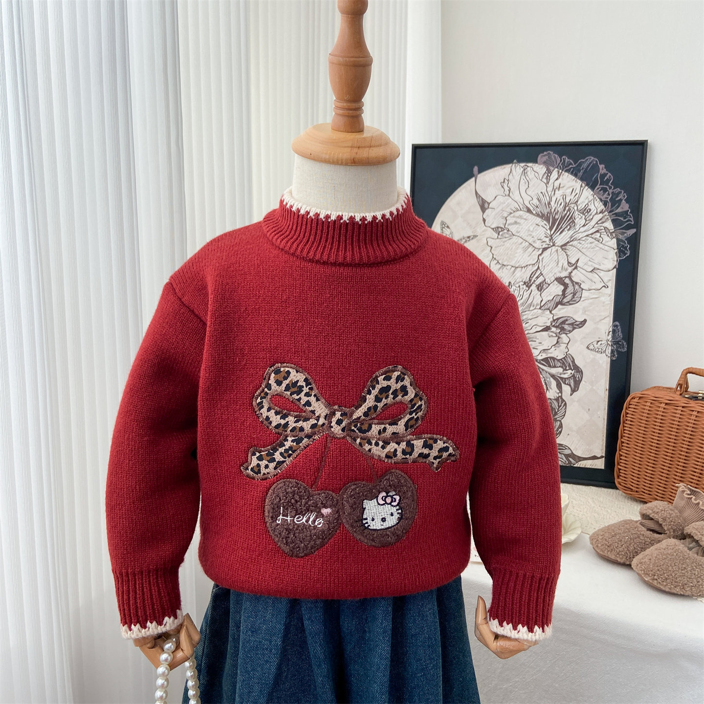 女童红色毛衣2025新款冬季加绒加厚宝宝韩系洋气蝴蝶结内搭针织衫