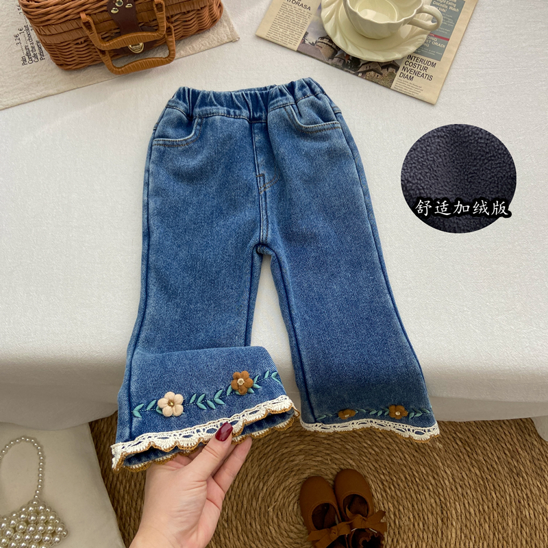 女童加绒裤子秋冬款喇叭裤韩系洋气弹力一体绒喇叭裤牛仔裤长裤潮