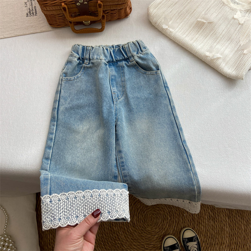 女童牛仔裤春季直筒裤宝宝韩系洋气时髦长裤春秋浅蓝色蕾丝边裤子