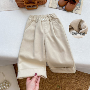 女童裤子秋冬款2025新款冬季米白色韩系阔腿裤时髦加绒一体绒长裤