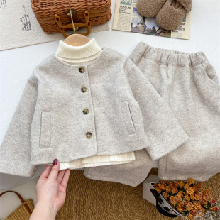 女童秋冬套装2025新款时髦洋气宝宝韩系毛呢外套长裤柔软两件套潮