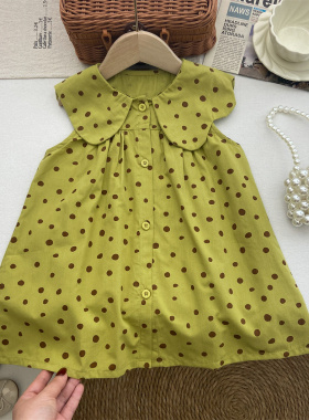 女童连衣裙2026新款宝宝夏季薄款韩版洋气翻领波点裙子绿色背心裙