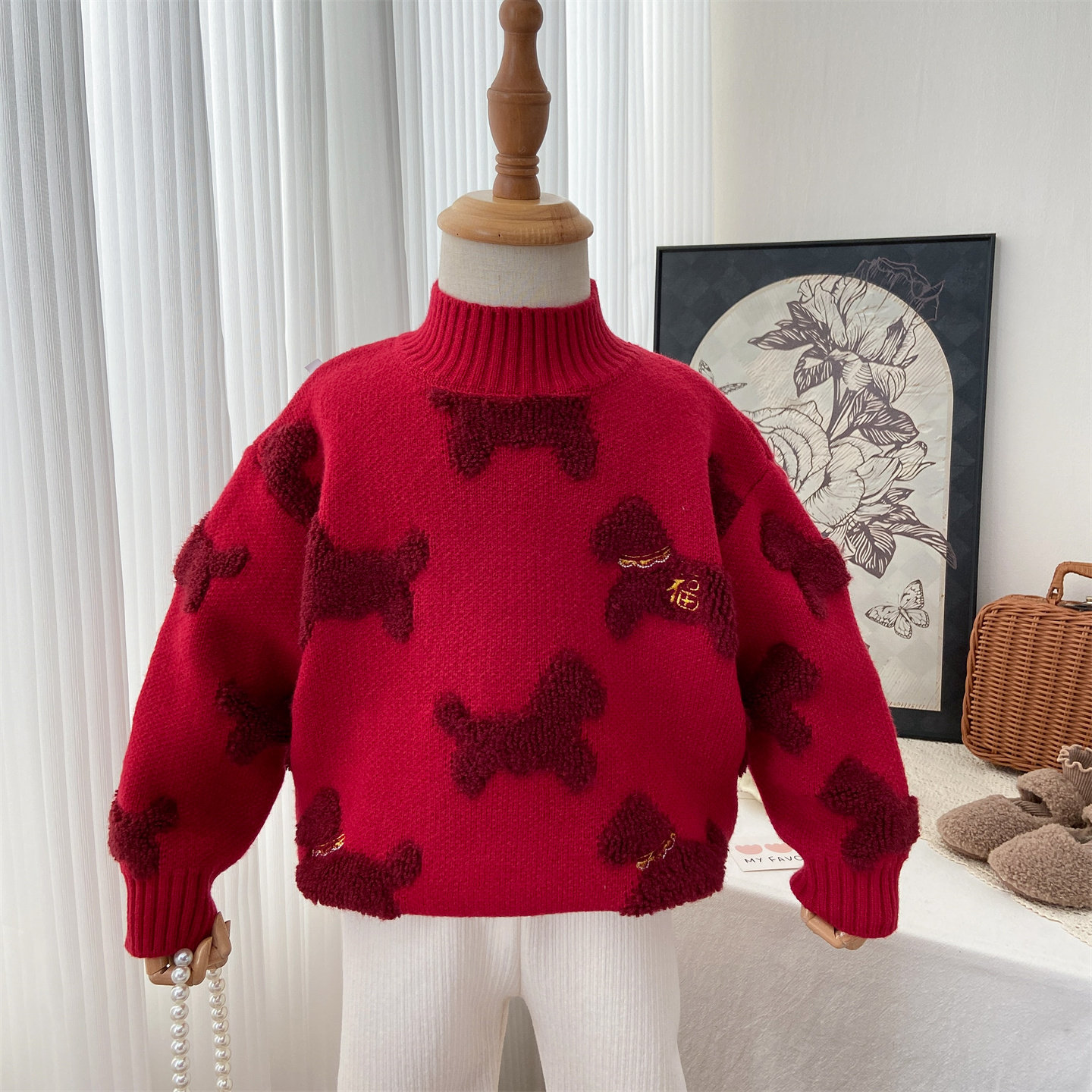 女童毛衣冬季2025新款红色半高领针织衫新年加厚小马福字打底衫潮