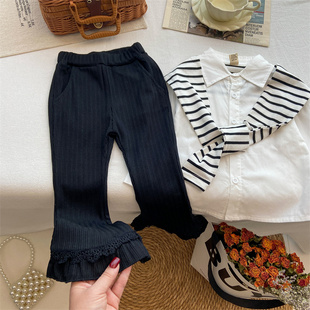 女童裤子春秋季新款小童洋气时髦蕾丝弹力黑色喇叭裤宝宝粉色长裤
