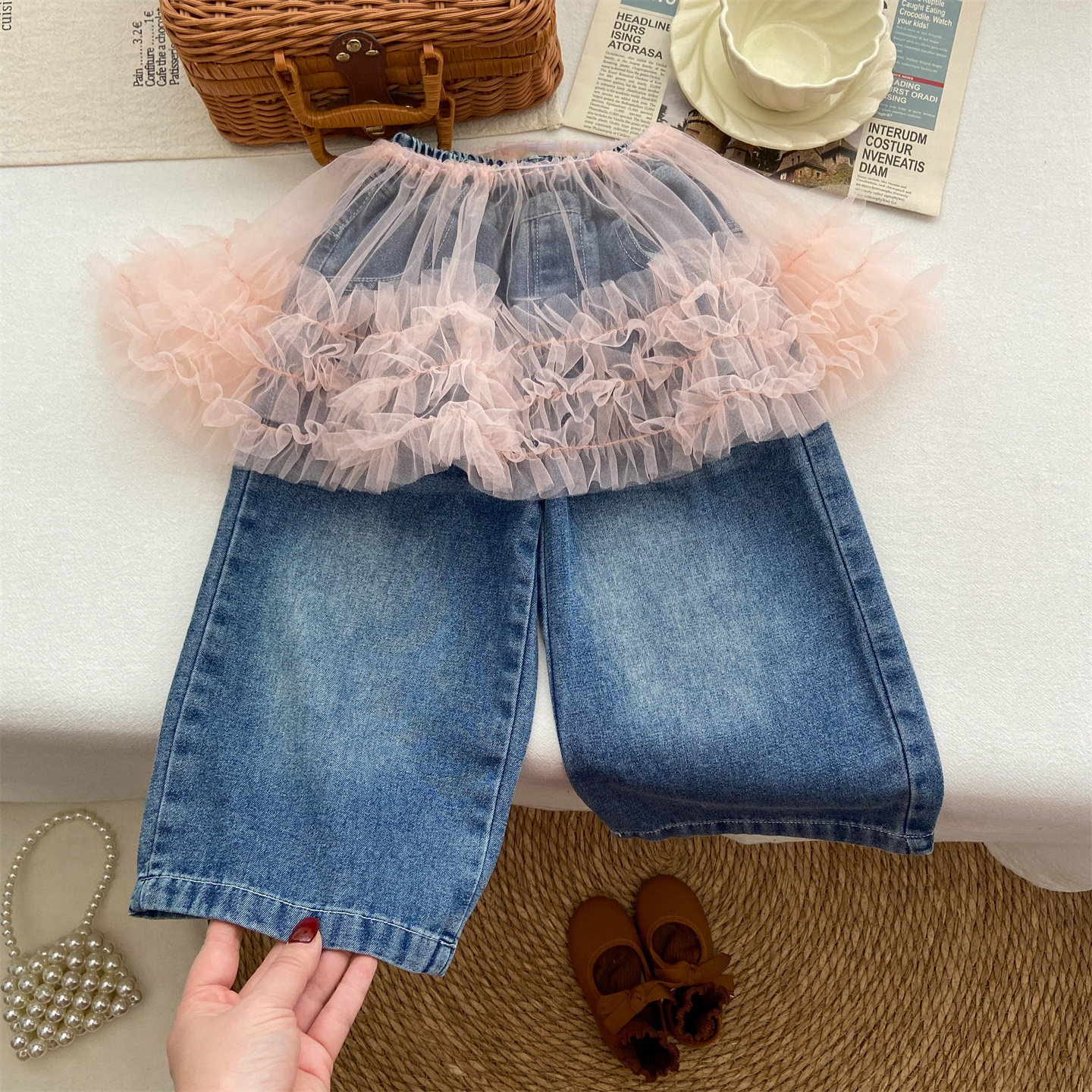 女童牛仔裤春季直筒裤洋气时髦阔腿裤长裤时尚网纱半身裙屁帘裤子