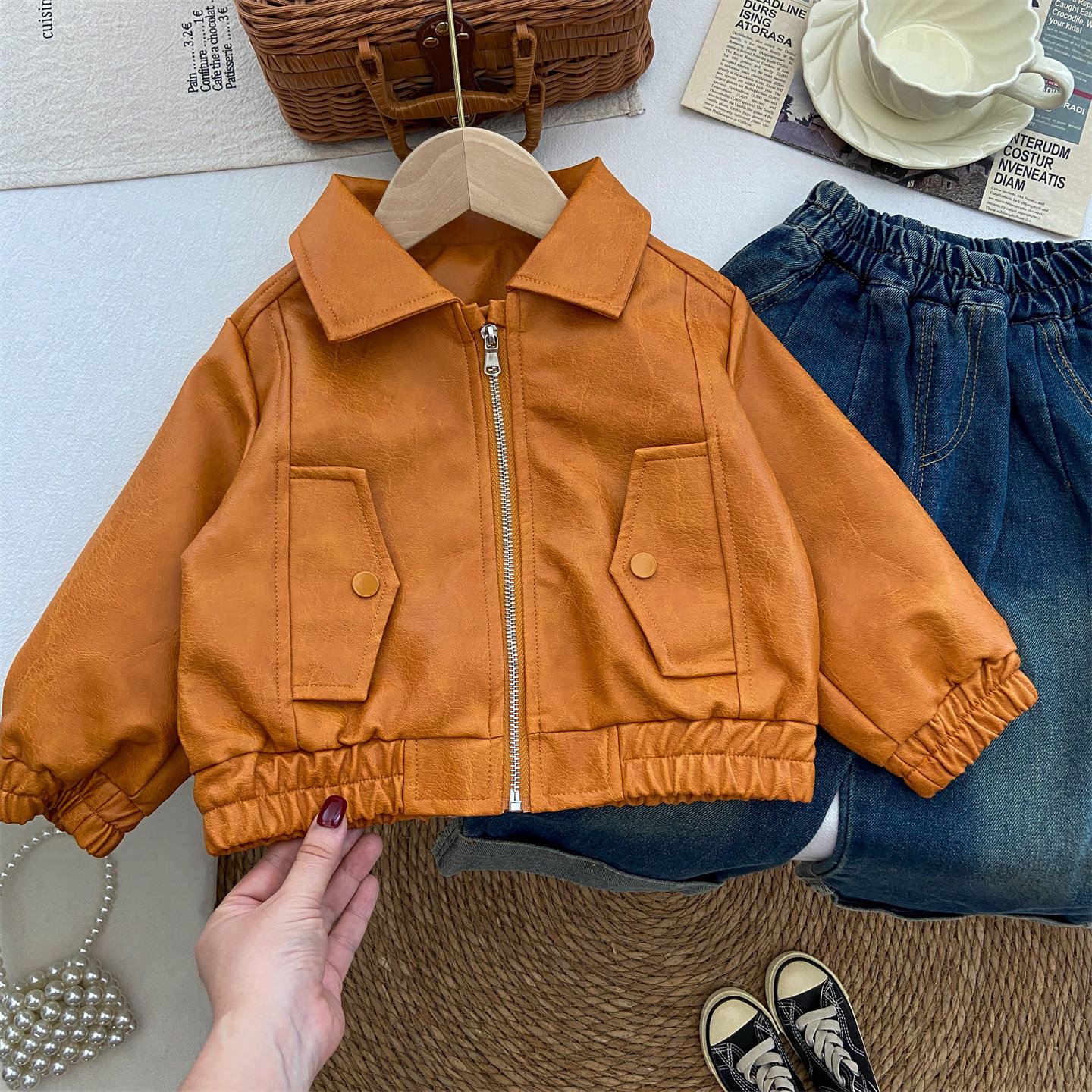 女童春装2026新款上衣春秋季时髦橘色皮衣外套翻领拉链时尚夹克潮