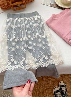女童裙裤假两件小童春秋季新款韩版洋气灰色喇叭裤时髦蕾丝屁帘潮