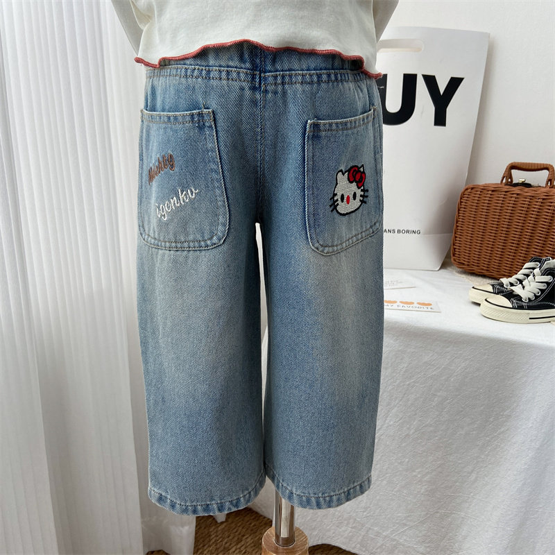 女童牛仔裤春季直筒裤宝宝洋气时髦刺绣小猫长裤新款时尚宽松裤子