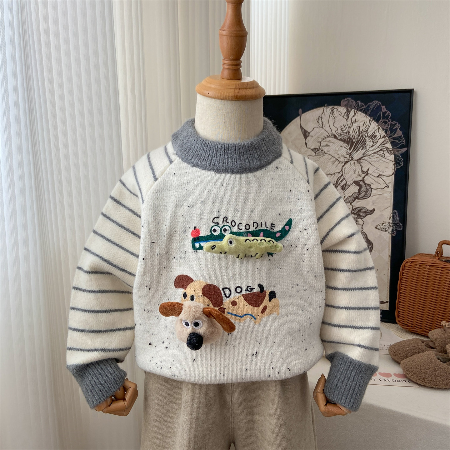 女童加绒毛衣一体绒宝宝冬季新款洋气圆领毛线衣小狗针织衫上衣潮