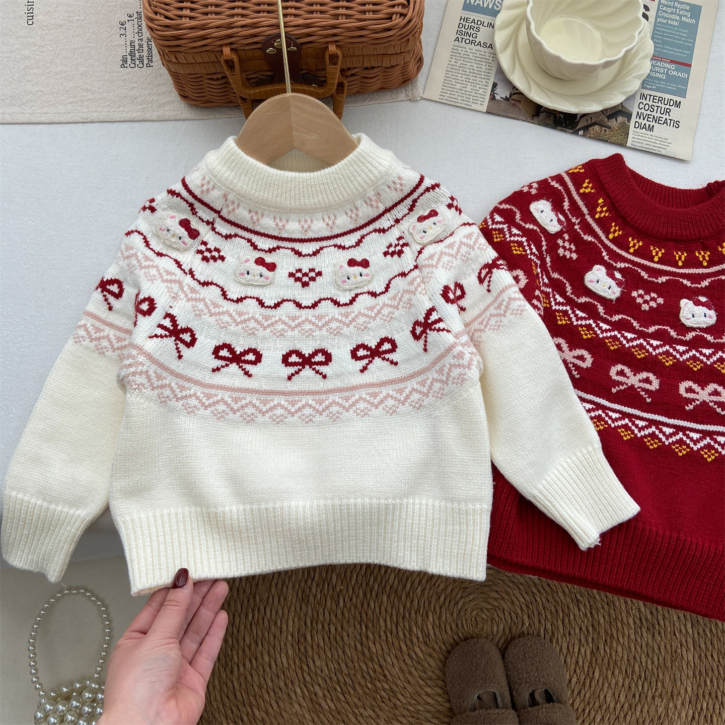 女童毛衣2025新款冬季针织衫韩系红色圆领保暖内搭蝴蝶结小猫上衣,童装/婴儿装/亲子装,毛衣/针织衫,淘宝优惠券,粉丝福利购,淘宝优惠卷