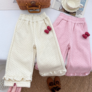 女童裤子2025新款冬季加绒直筒裤宝宝韩系时尚木耳边圆点宽松长裤