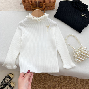 女童毛衣秋冬新款宝宝洋气半高领针织衫白色毛线衣木耳边黑色内搭