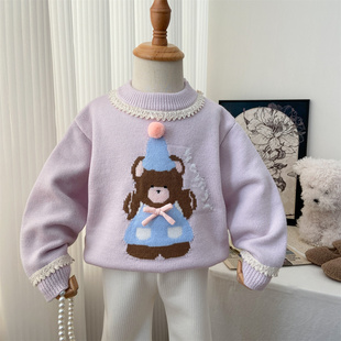 女童毛衣2025新款紫色洋气花边圆领针织衫秋冬季小熊保暖打底衫潮