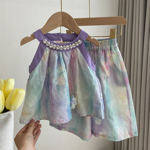 女童夏套装2025新款宝宝夏季无袖碎花精致钉珠挂脖上衣八分阔腿裤