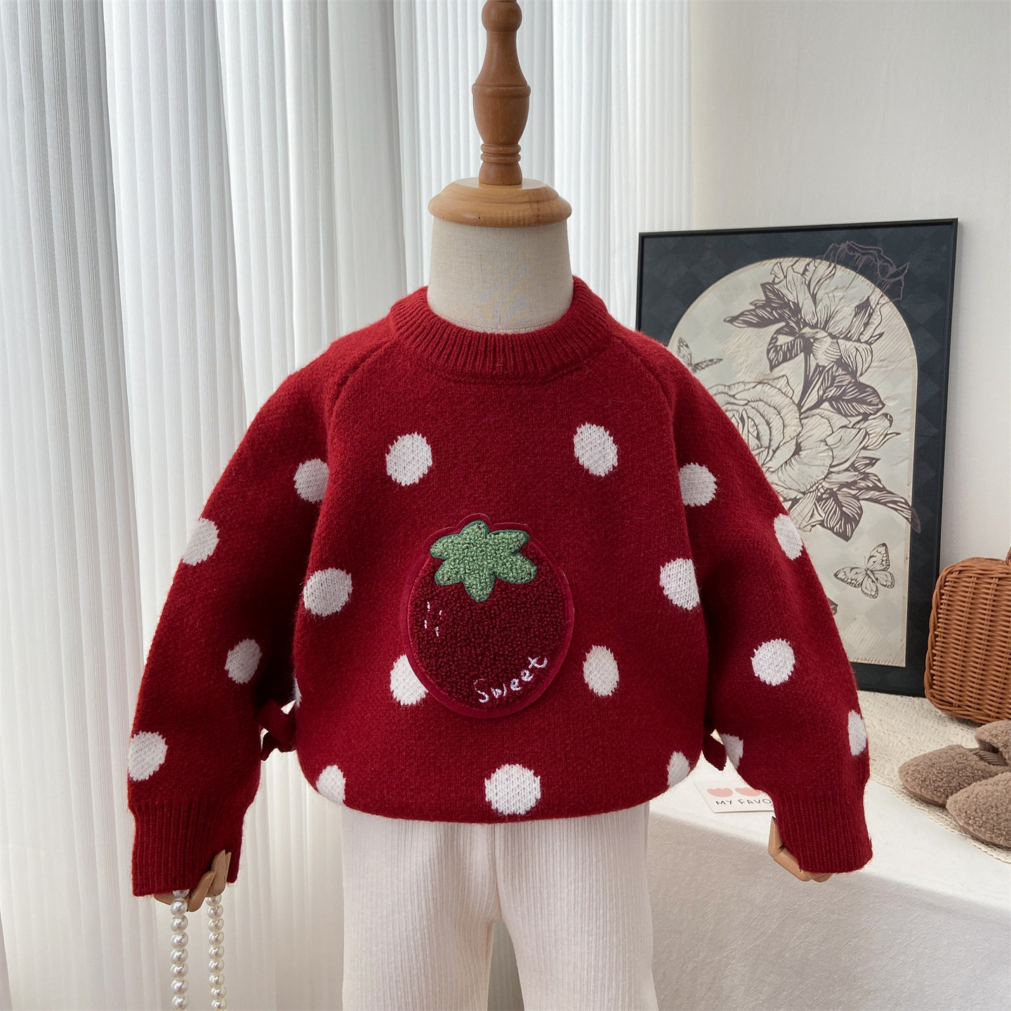 女童毛衣冬季2025新款洋气圆领针织衫红色加厚圆点草莓保暖打底衫