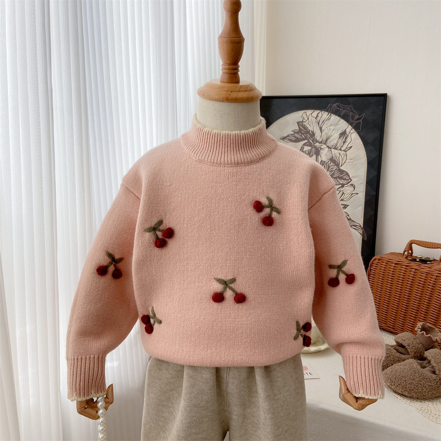女童毛衣2025新款冬季加绒针织衫韩系半高领加厚保暖内搭樱桃上衣