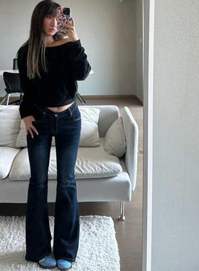 欧美性感低腰微喇水洗弹力牛仔裤复古辣妹基础拖地修身显瘦长裤