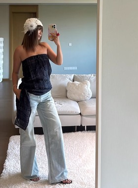 黄金比例 时髦复古经典磨白浅色直筒低腰牛仔裤显瘦修胯裤