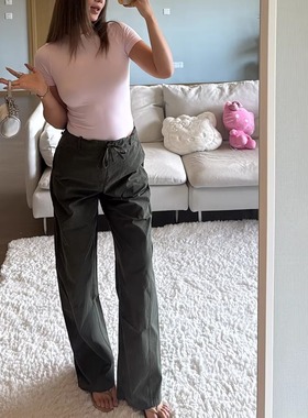 高密纯棉！经典基础款 中低腰抽绳弯刀茧型复古分割工装裤休闲裤