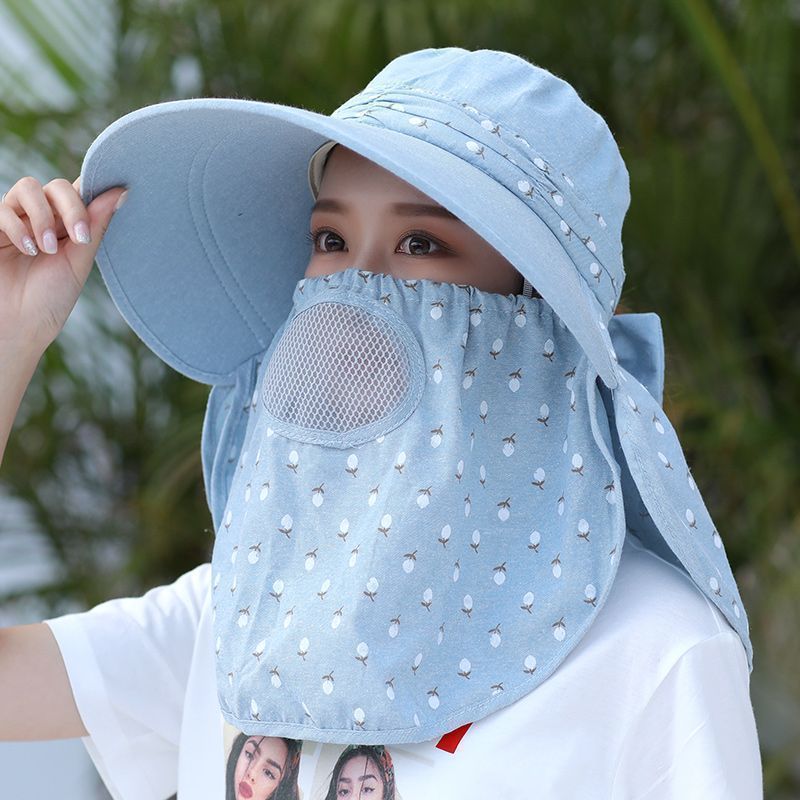 采茶帽女夏碎花大檐太阳帽遮全脸面罩护颈户外骑行防紫外线遮阳帽