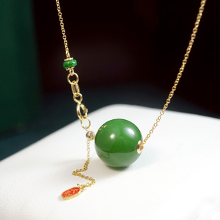 18K古法金俄罗斯老料满色碧玉圆珠路路通项链珐琅福牌抽拉锁骨链