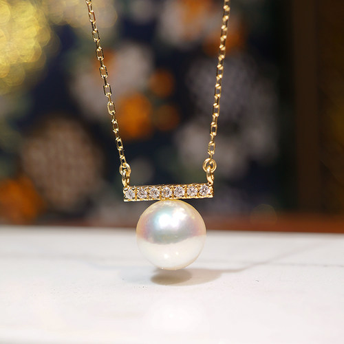 18K金极光日本海水akoya珍珠天然钻石平衡木项链女高品质珍珠