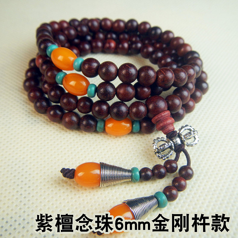 印度小叶紫檀佛珠108粒念珠6mm 间蜜蜡带罗伞坠子项链手串手链