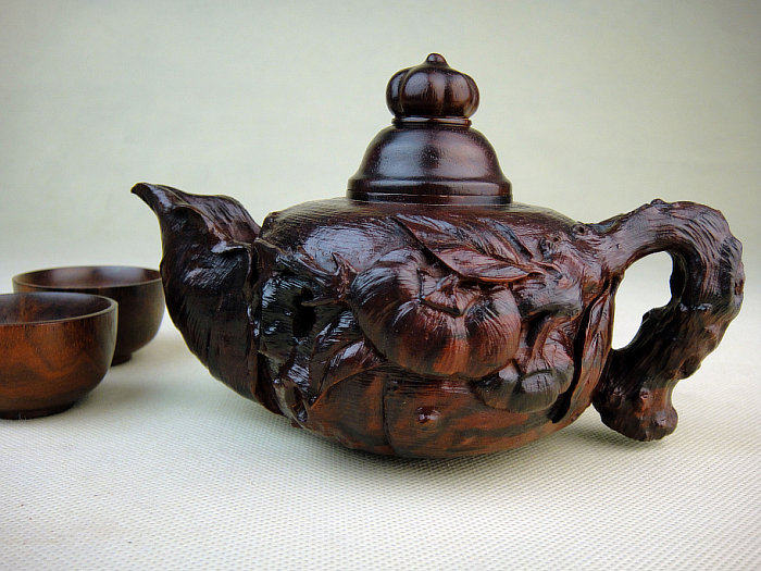 木檀世家小叶紫檀寿桃茶壶茶杯摆件 一壶两杯木雕刻工艺品摆件