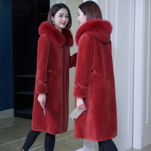 海宁颗粒羊剪绒大衣女2019新款 外套 狐狸毛皮草复合皮毛一体中长款
