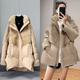 欧洲站时尚针织拼接水貂毛羽绒服女2022大码宽松加厚保暖羽绒棉服