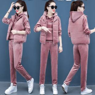 宽松休闲卫衣三件套 时尚 金丝绒加厚加绒运动服套装 女2019秋冬新款