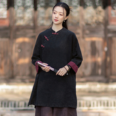 春秋中长款 砂洗斜襟棉麻太极拳练功服晨练服外套 太极服女上衣