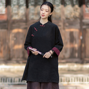 春秋中长款太极服女上衣 砂洗斜襟棉麻太极拳练功服晨练服外套
