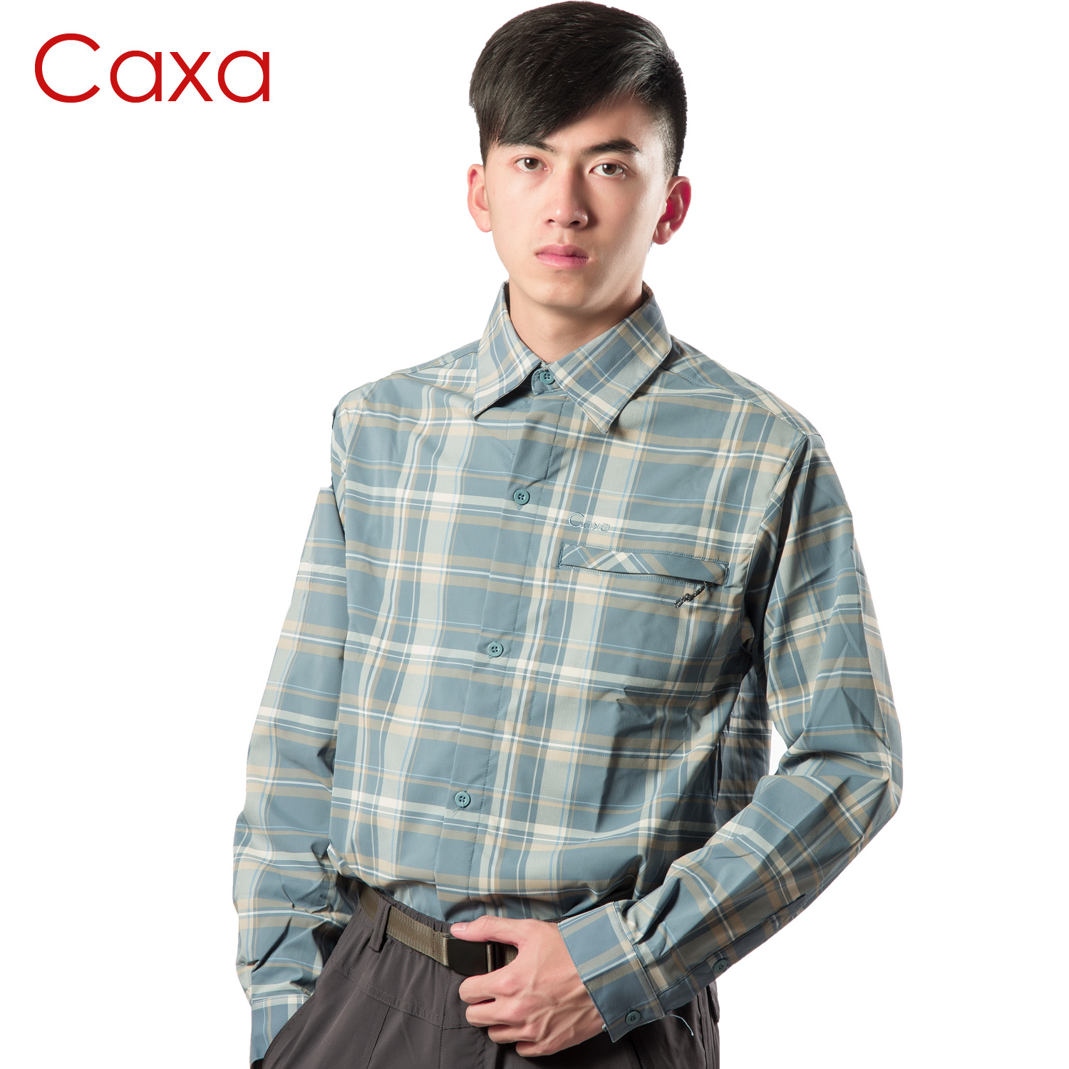 格仔衬衣Caxa男长袖高弹力户外速干衣速干衬衫 大码