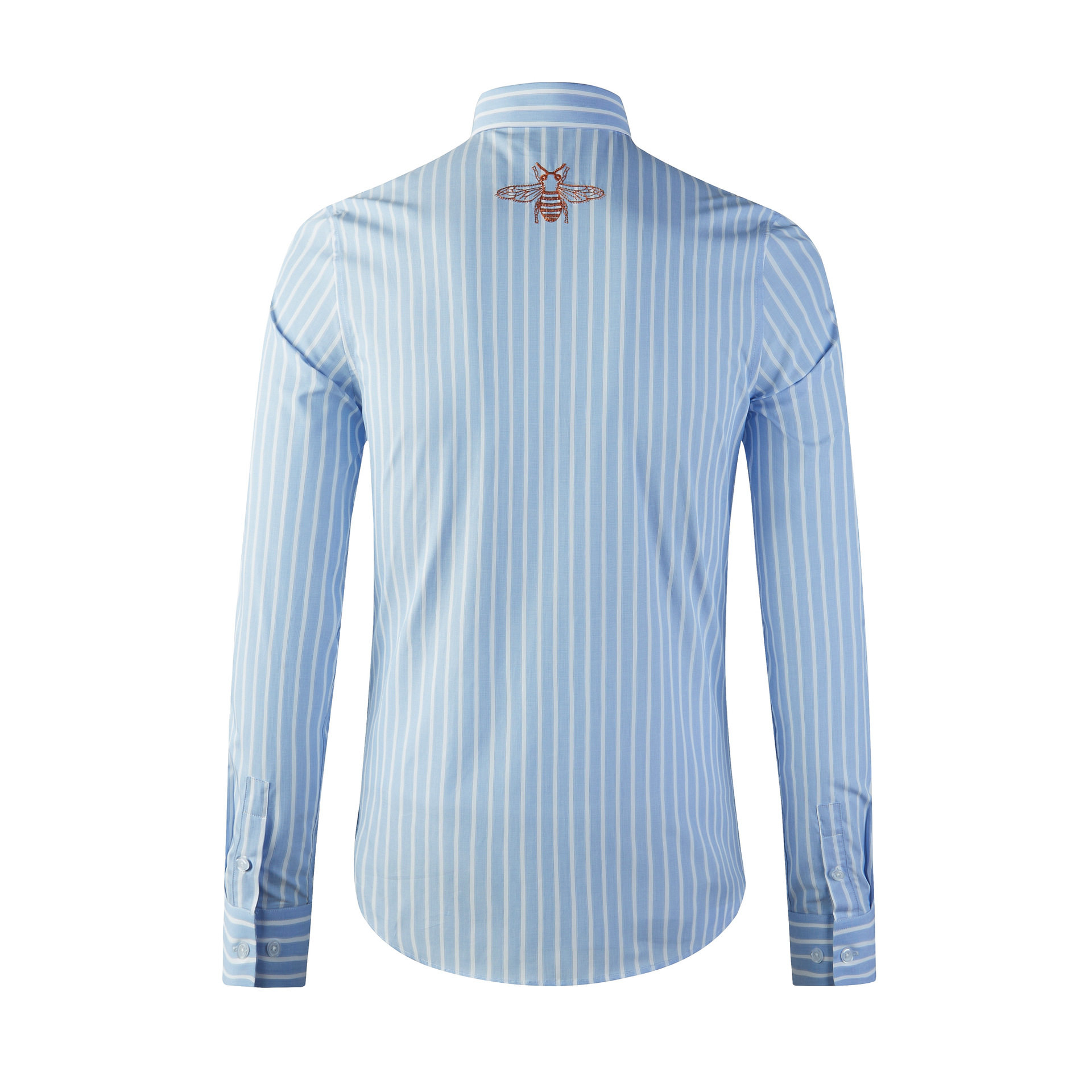 潮牌简约蓝白条纹衬衣全棉男休闲长袖背面蜜蜂刺绣修身高端衬衫
