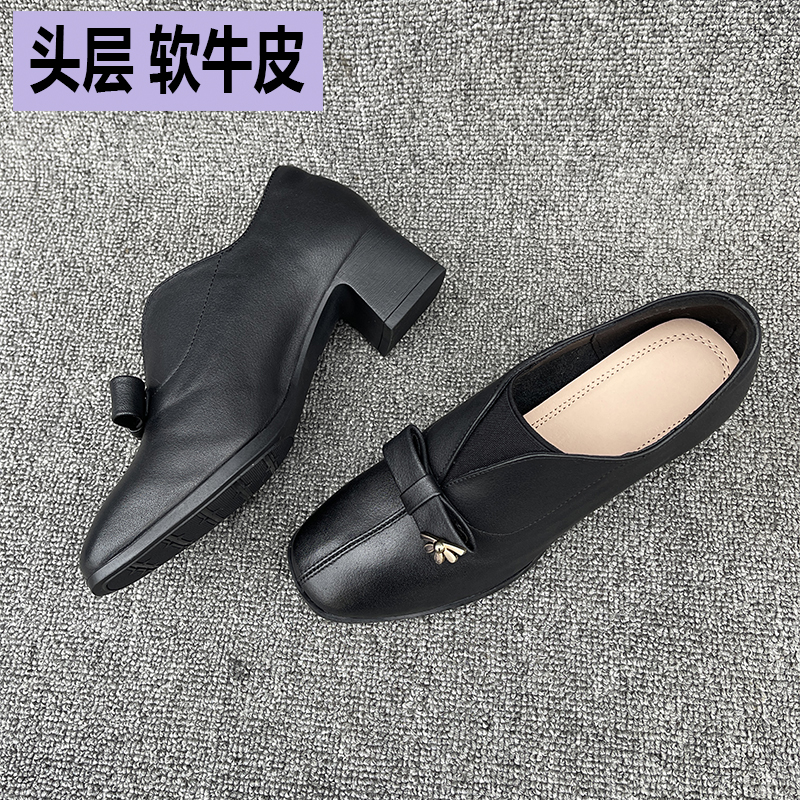 深口单鞋女方头中跟女士休闲鞋子
