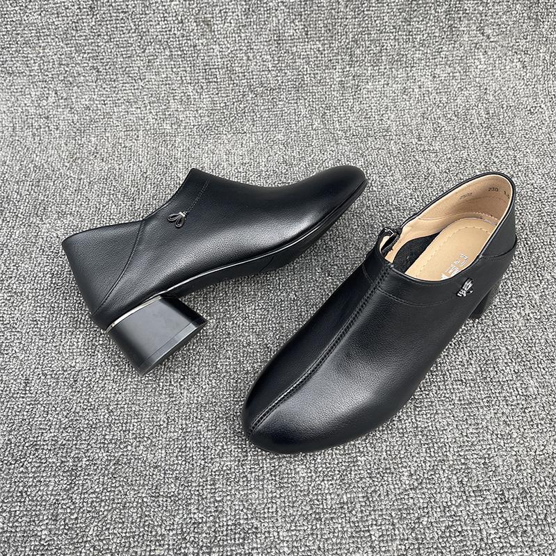 真皮女鞋圆头粗跟深口软皮女单鞋