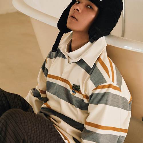 CITYDIVE Stripes Polo 条纹龟背竹刺绣宽松Polo衫廓形长袖卫衣