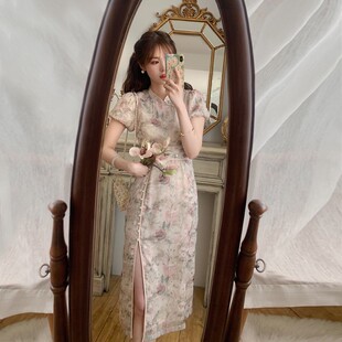 丸子时装定制2026春夏人间富贵花改良版旗袍司藤水墨画珍珠连衣裙