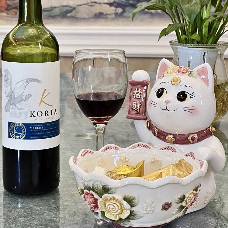 出口陶瓷创意干果盘家用水果盘招财猫钱筒糖果碗