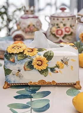 太阳花陶瓷纸巾盒向日葵图案高档美式装饰家用家居礼品