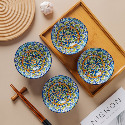 曼切斯特-4.75英寸米饭碗4个装釉下彩陶瓷餐具套装出口外贸瓷器碗