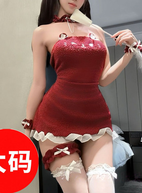 ［大码］内衣二次元女仆新年红色小猫女毛绒制服套装
