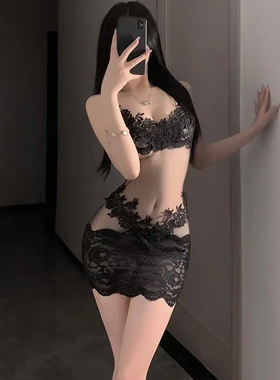 内衣纯欲蕾丝包臀裙透视系带挂脖镂空睡衣裙