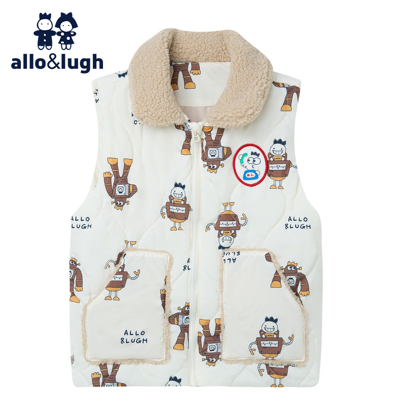 阿路和如男童马甲秋冬款2025新款羊羔毛撞色领趣味印花休闲棉服