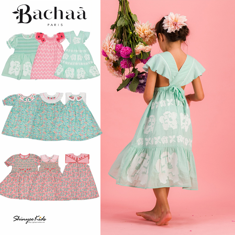 5ZShinyee▲bachaa ss24春夏儿童法式印花短袖连衣裙刺绣打揽长裙